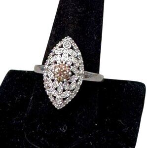 Jane Seymour JWBR Sterling Silver 925 Champagne White Diamond Navette Ring Sz 10